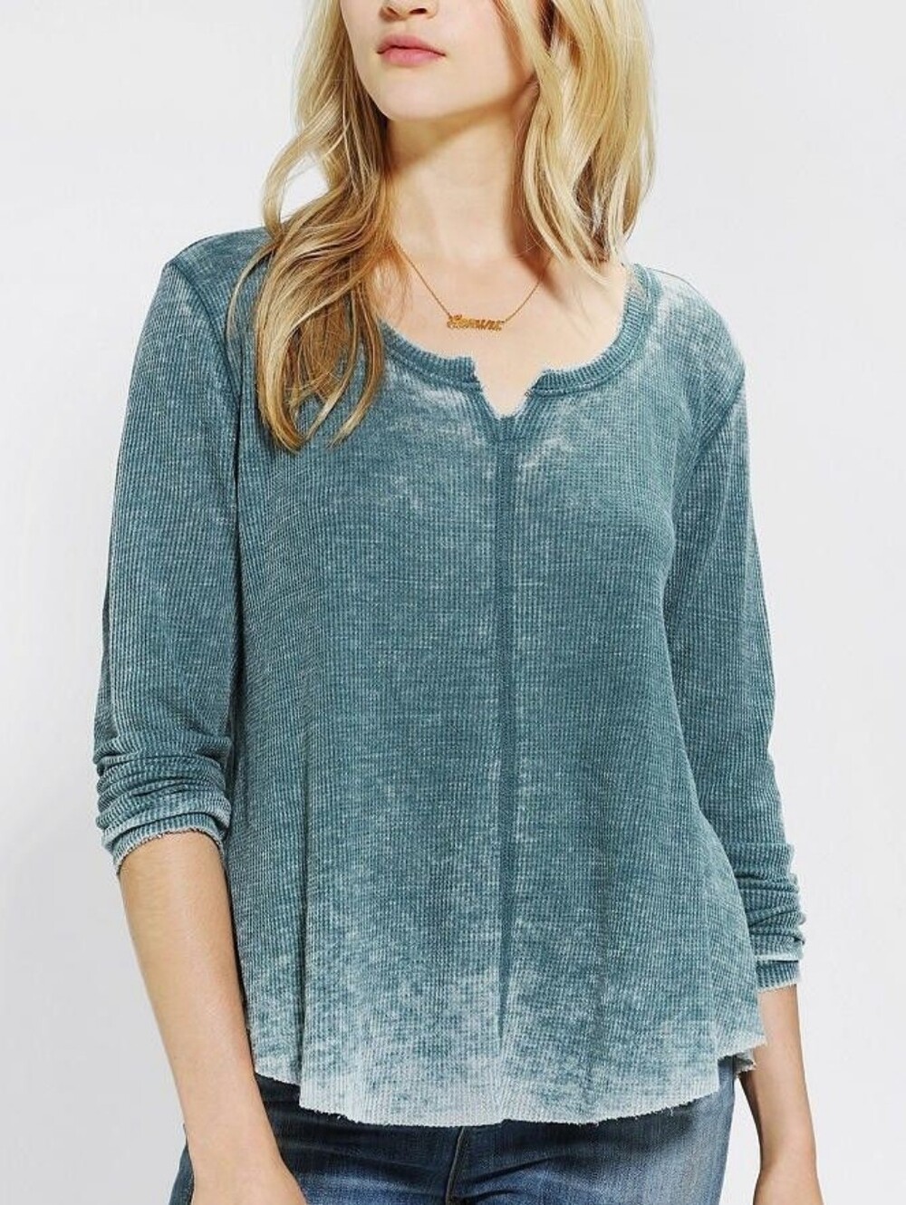 Ecoté Blue Waffle Knit Frayed Long Sleeve Top